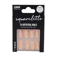 24 Pack Artificial Nails with Adhesive, Squareletto Shape, 3D Gold Swirl - OXX Cosmetics