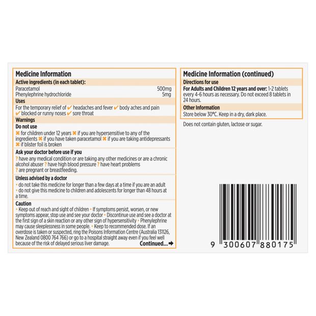 16 pack Codral Relief Cold and Flu Decongestant Tablets