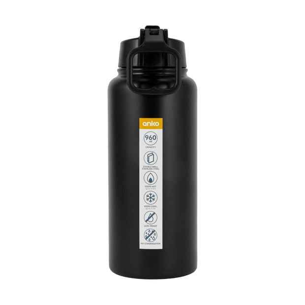 960ml Black Double Wall Insulated Cylinder Drink Bottle - Anko