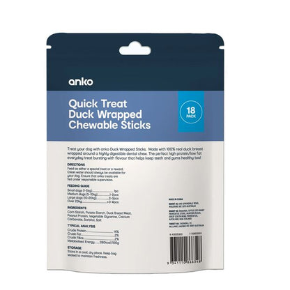 18 Pack Pet Treat Duck Wrapped Rawhide Alternative Sticks - Anko