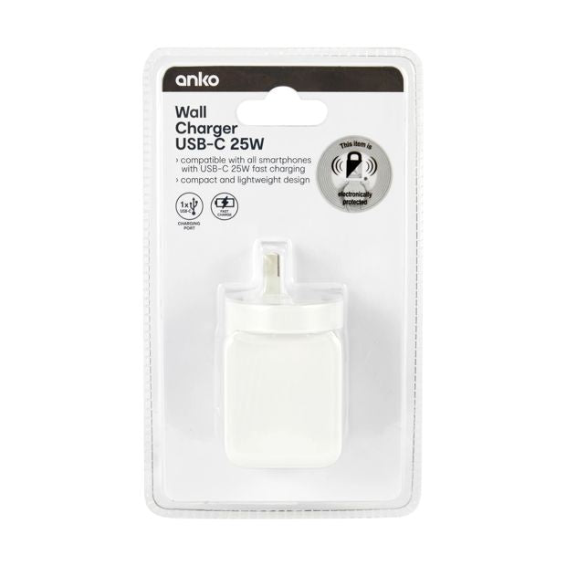 25W USB-C Wall Charger, White - Anko