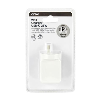 25W USB-C Wall Charger, White - Anko