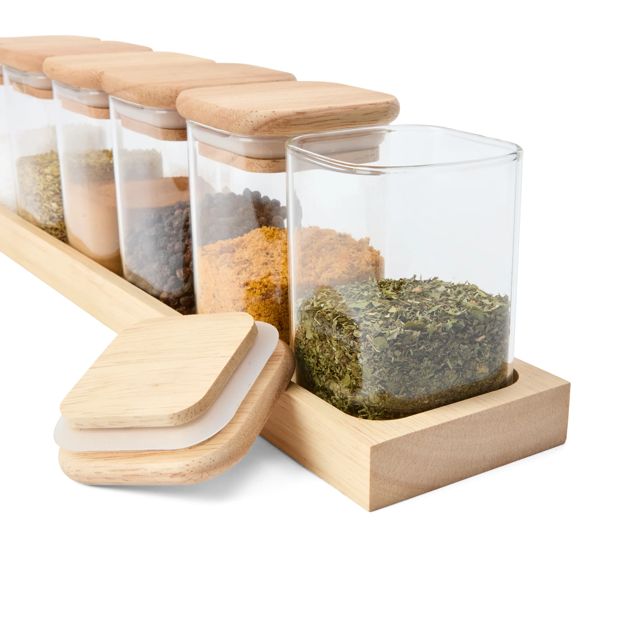 Set of 6 Square Spice Jars with Tray - Anko