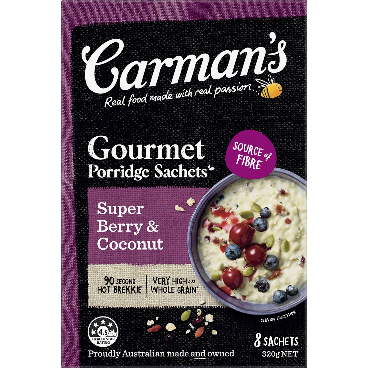 Carman's Porridge Sachets Super Berry & Coconut 8 pack