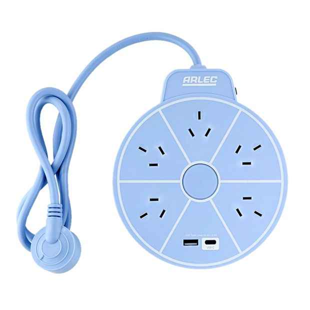 Arlec 5 Outlet USB A & C Charging Ports Round Powerboard - Blue