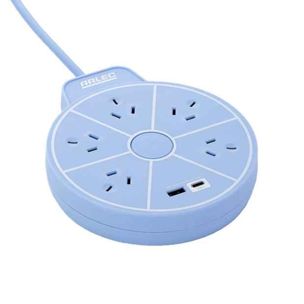Arlec 5 Outlet USB A & C Charging Ports Round Powerboard - Blue