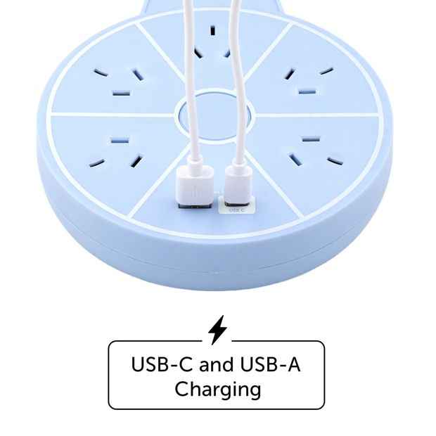 Arlec 5 Outlet USB A & C Charging Ports Round Powerboard - Blue