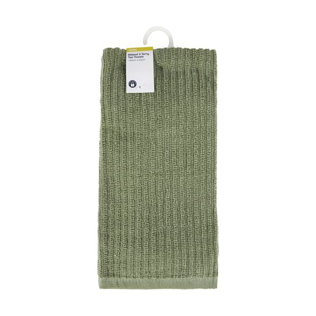 3 Pack Fern Green Ribbed Terry Tea Towels - Anko