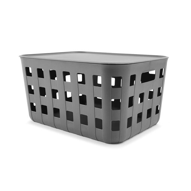 28L Rectangle Trellis Basket with Lid, Charcoal - Anko