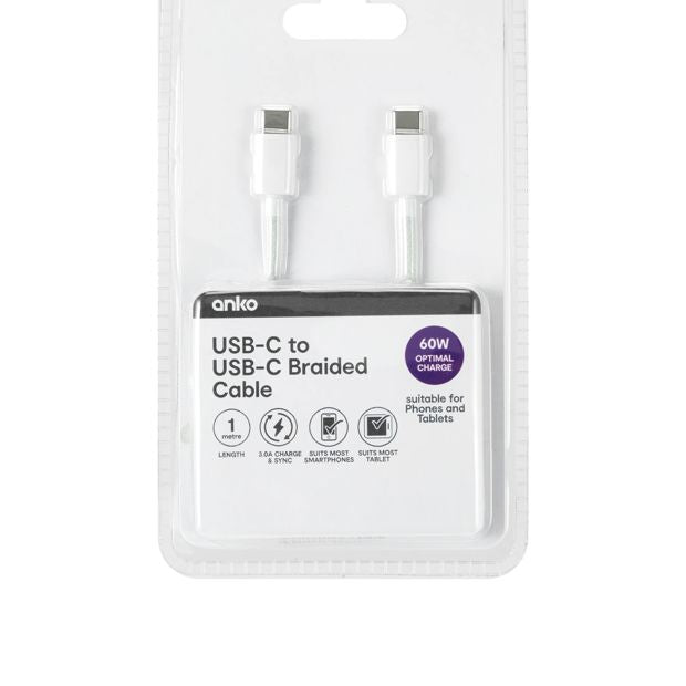 USB-C to USB-C Braided Cable - Anko