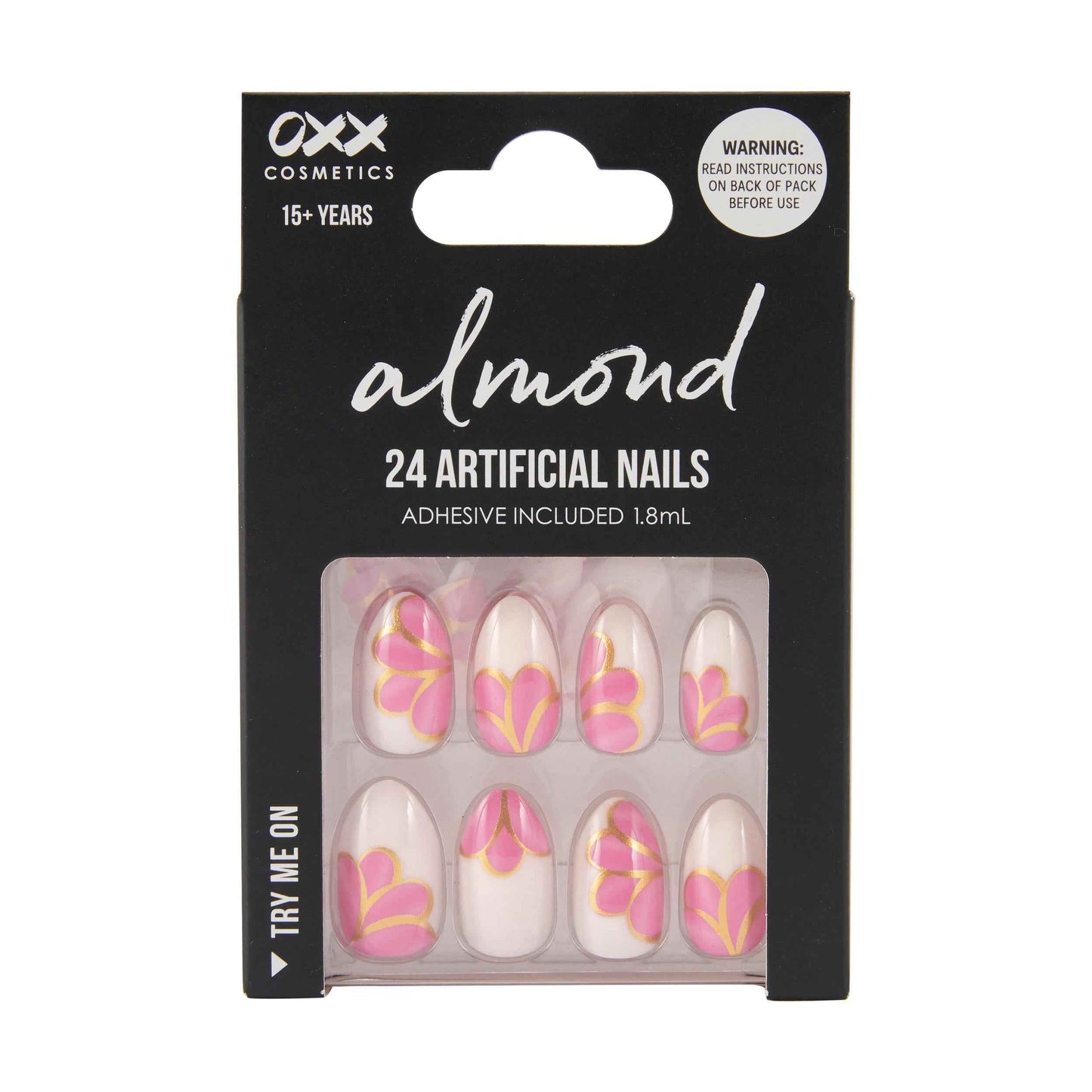 OXX Cosmetics 24 Pack Artificial Nails with Adhesive - Almond Shape, Gold Detail