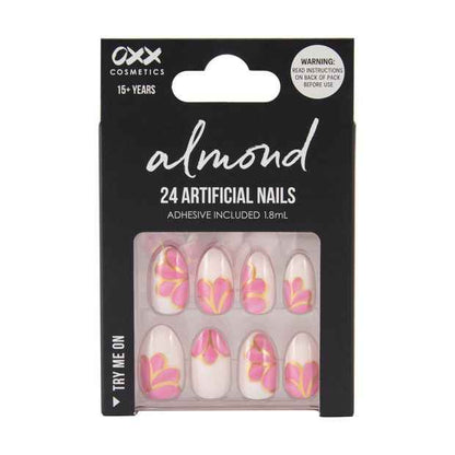 24 Pack Artificial Nails with Adhesive, Almond Shape, Gold Detail - OXX Cosmetics