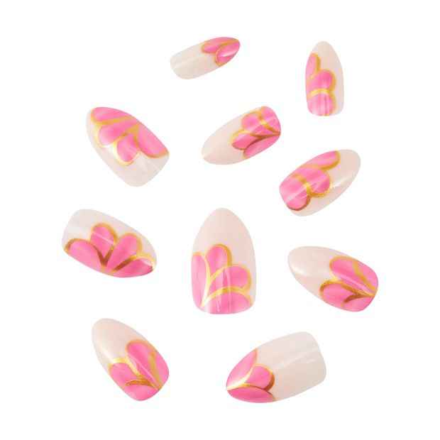 24 Pack Artificial Nails with Adhesive, Almond Shape, Gold Detail - OXX Cosmetics