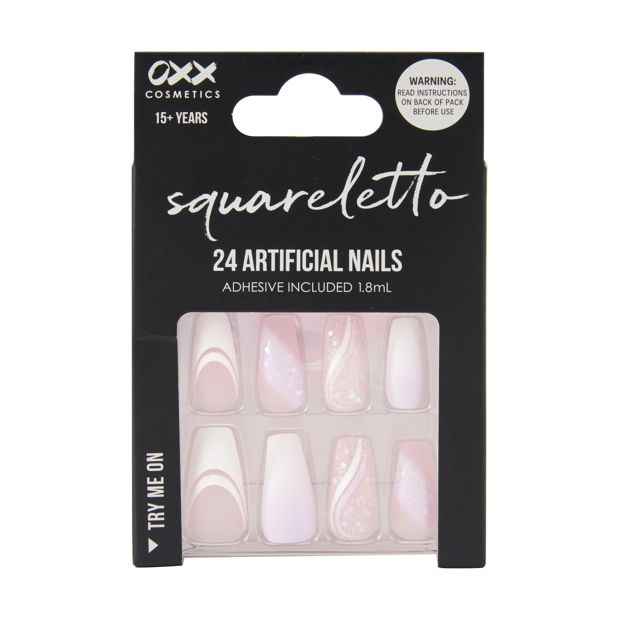 24 Pack Artificial Nails with Adhesive, Squareletto Shape, Pink Glitter - OXX Cosmetics