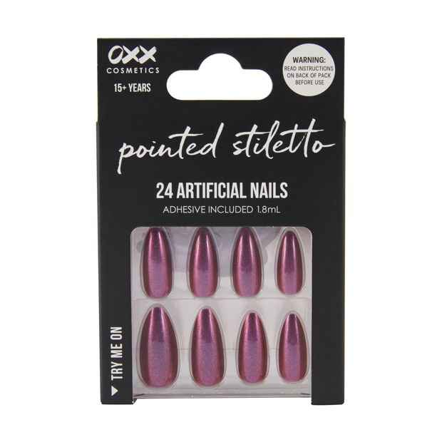24 Pack Artificial Nails with Adhesive, Pointed Stiletto Shape, Cherry - OXX Cosmetics