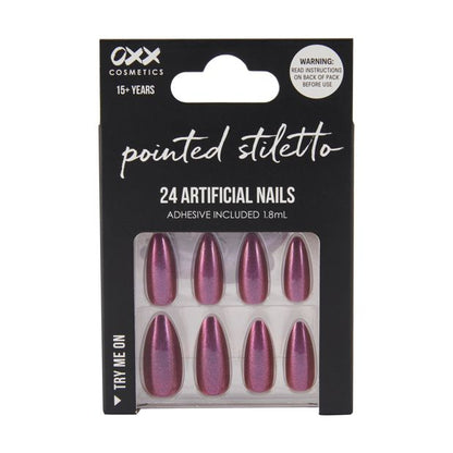 24 Pack Artificial Nails with Adhesive, Pointed Stiletto Shape, Cherry - OXX Cosmetics