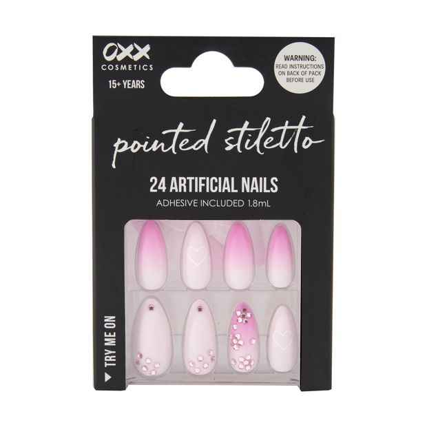 24 Pack Artificial Nails with Adhesive, Pointed Stiletto Shape, Gem Hearts - OXX Cosmetics