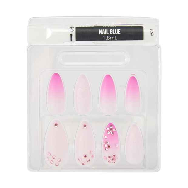 24 Pack Artificial Nails with Adhesive, Pointed Stiletto Shape, Gem Hearts - OXX Cosmetics