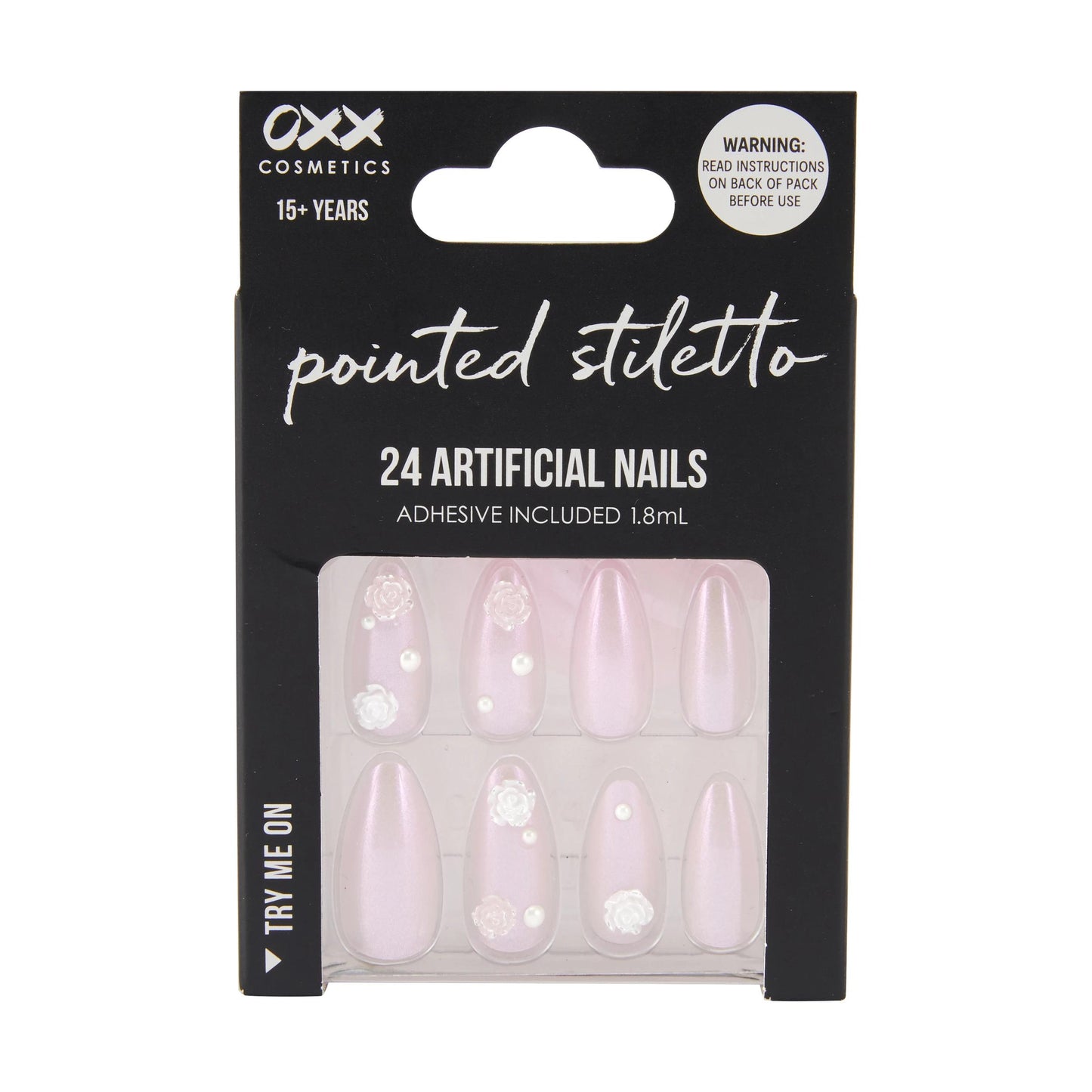 OXX Cosmetics 24 Pack Artificial Nails with Adhesive - Pointed Stiletto Shape, Jelly Flowers