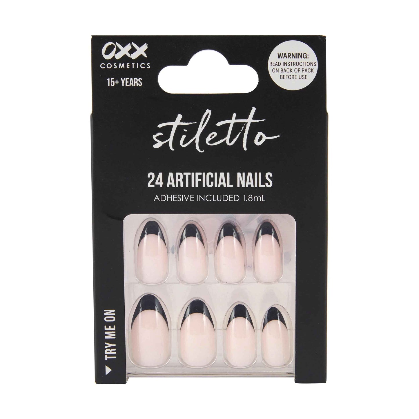 OXX Cosmetics 24 Pack Artificial Nails with Adhesive - Stiletto Shape, Black French Tip