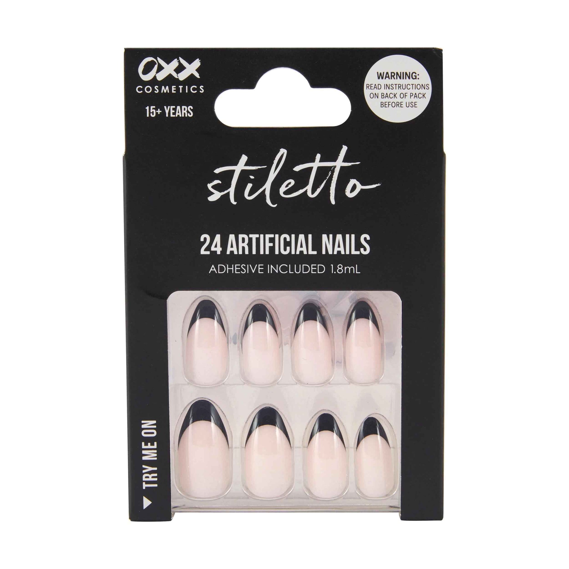OXX Cosmetics 24 Pack Artificial Nails with Adhesive - Stiletto Shape, Black French Tip