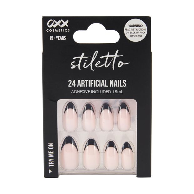 24 Pack Artificial Nails with Adhesive, Stiletto Shape, Black French Tip - OXX Cosmetics