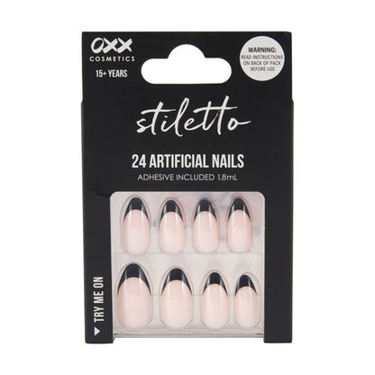 24 Pack Artificial Nails with Adhesive, Stiletto Shape, Black French Tip - OXX Cosmetics
