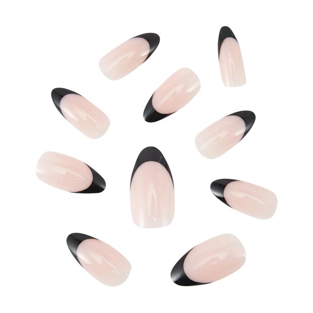 24 Pack Artificial Nails with Adhesive, Stiletto Shape, Black French Tip - OXX Cosmetics