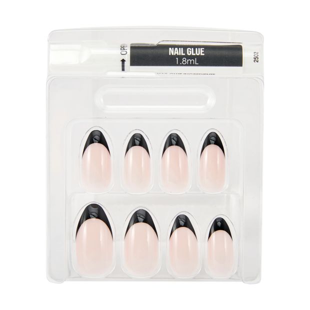24 Pack Artificial Nails with Adhesive, Stiletto Shape, Black French Tip - OXX Cosmetics