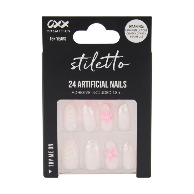 24 Pack Artificial Nails with Adhesive, Stiletto Shape, 3D French Tip - OXX Cosmetics