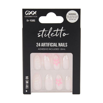 24 Pack Artificial Nails with Adhesive, Stiletto Shape, 3D French Tip - OXX Cosmetics