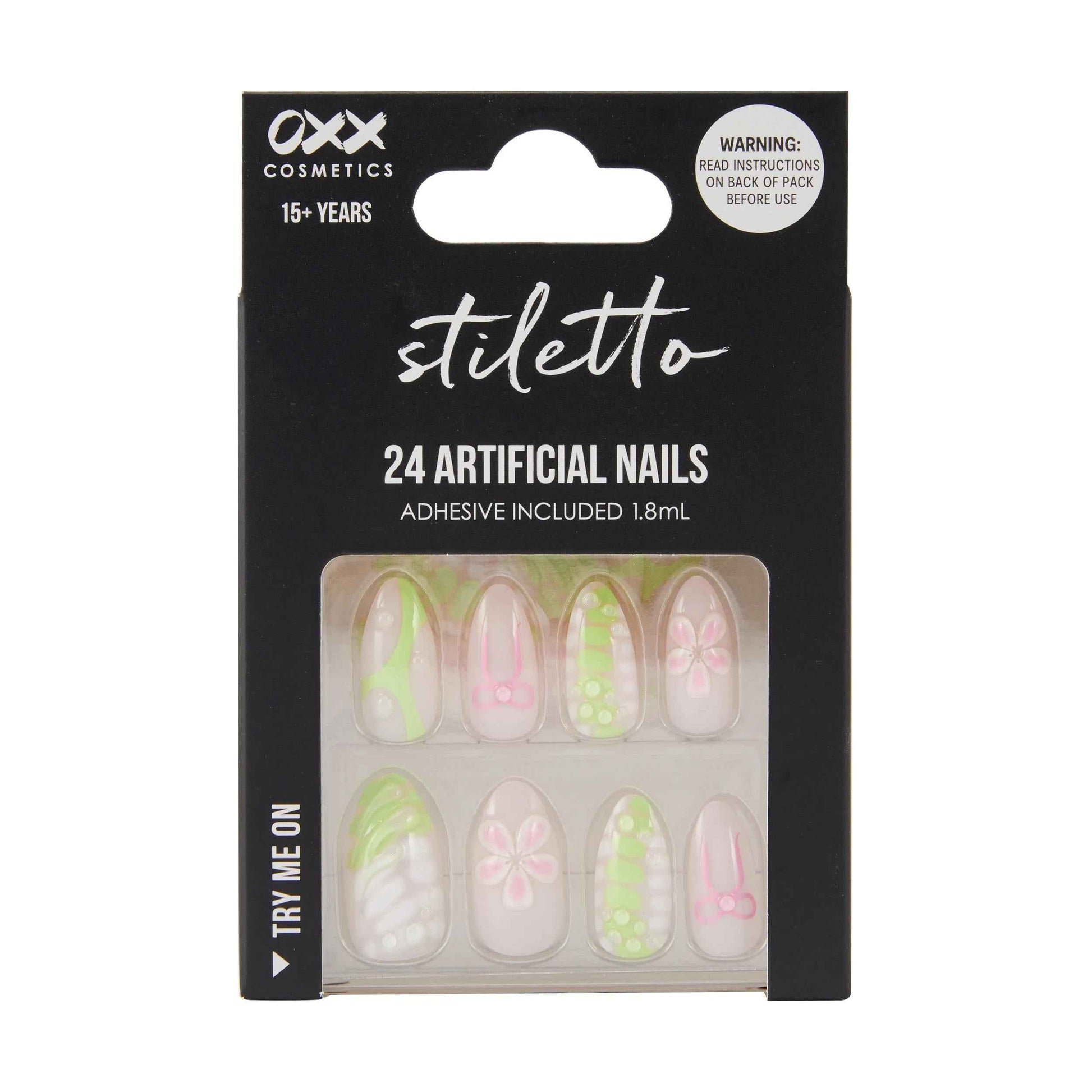 OXX Cosmetics 24 Pack Artificial Nails with Adhesive - Stiletto Shape, 3D Lime
