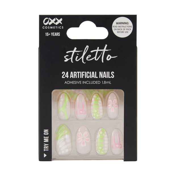 24 Pack Artificial Nails with Adhesive, Stiletto Shape, 3D Lime - OXX Cosmetics