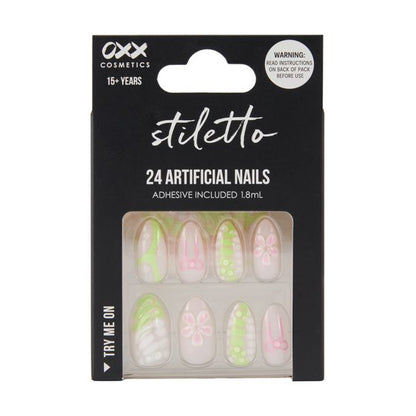 24 Pack Artificial Nails with Adhesive, Stiletto Shape, 3D Lime - OXX Cosmetics