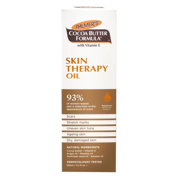 Palmer's Cocoa Butter Formula Skin Therapy Oil 150ml - Cocoa Butter, Vitamin E, Argan Oil, Rosehip Oil, Sunflower Seed Oil and Sesame Oil