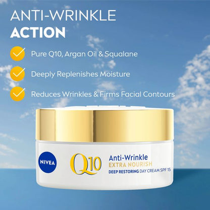 Nivea Q10 Anti-Wrinkle Extra Nourish Deep Restoring Day Cream SPF15 50ml - Pure Q10, Argan Oil and Squalane