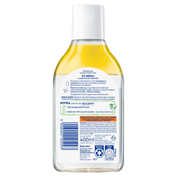 Nivea Brightening Micellar Water 400ml - 5% Serum with Vitamin E and C and Amino Acid Complex