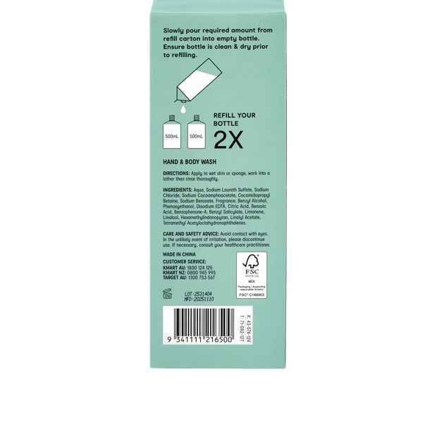 OXX Bodycare Hand and Body Wash Refill 1L- Mint and Eucalyptus