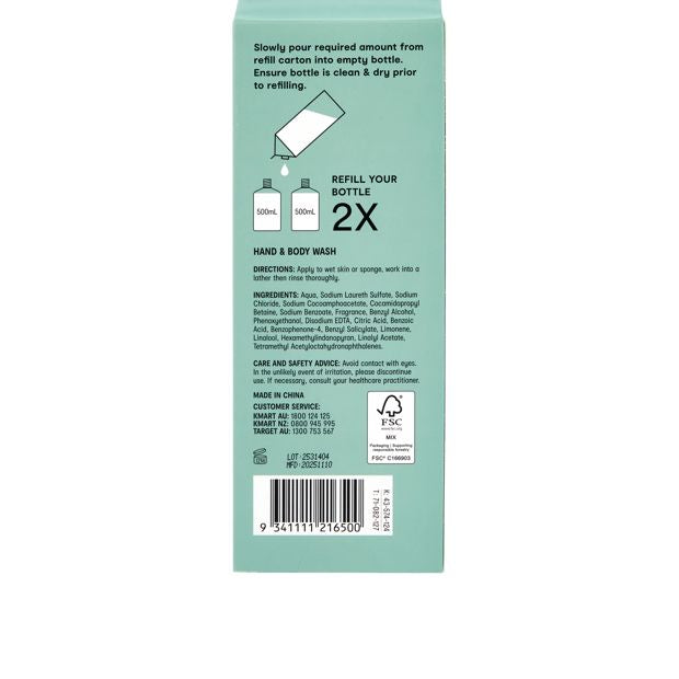 OXX Bodycare Hand and Body Wash Refill 1L- Mint and Eucalyptus