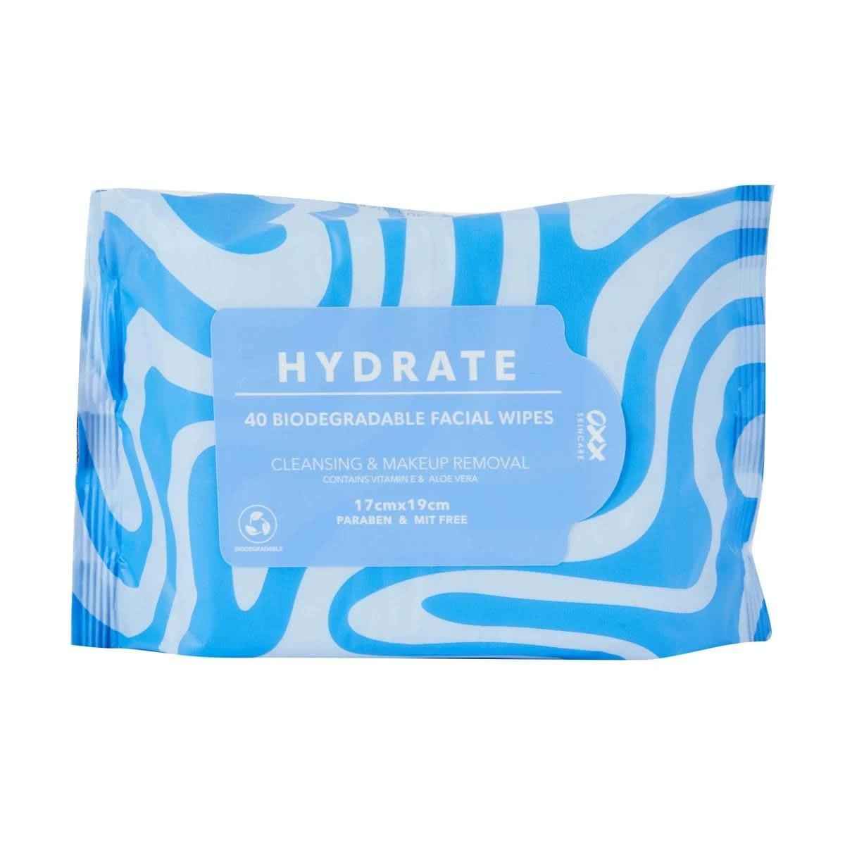 OXX Skincare 40 Pack Hydrate Biodegradable Facial Wipes - Vitamin E and Aloe Vera