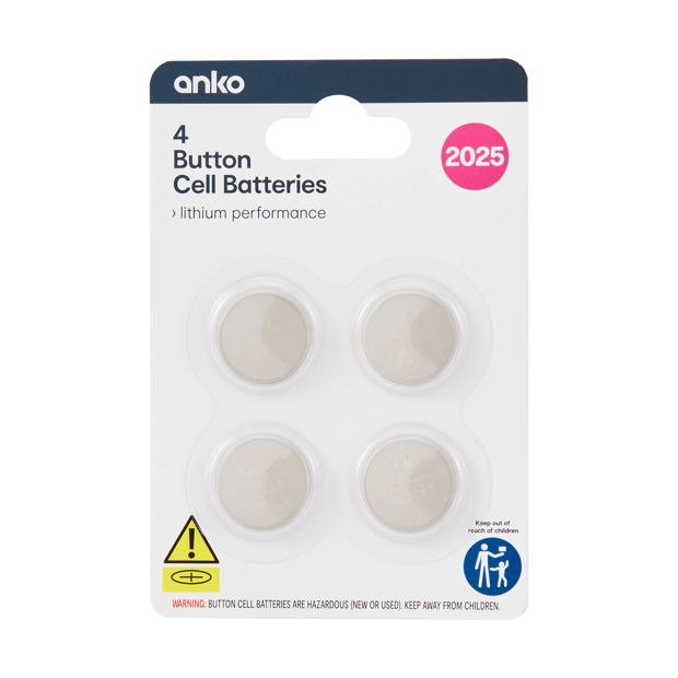 4 Pack Button Cell Batteries, CR2025 - Anko
