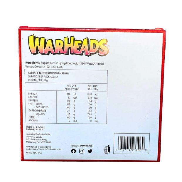 12 Pack Warheads Strawberry Sour Candy Canes 170g