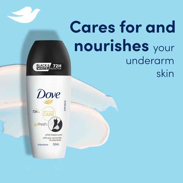 Dove Advanced Care Go Fresh Antiperspirant Deodorant Roll-On 50ml - Pro-Ceramide and Calendula, White Freesia Scent