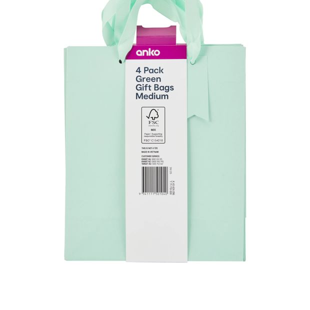 4 Pack Multi Green Gift Bags, Medium - Anko