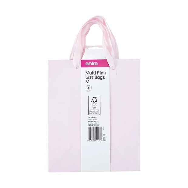 4 Pack Multi Pink Gift Bags, Medium - Anko