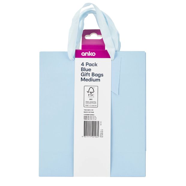 4 Pack Multi Blue Gift Bags, Medium - Anko