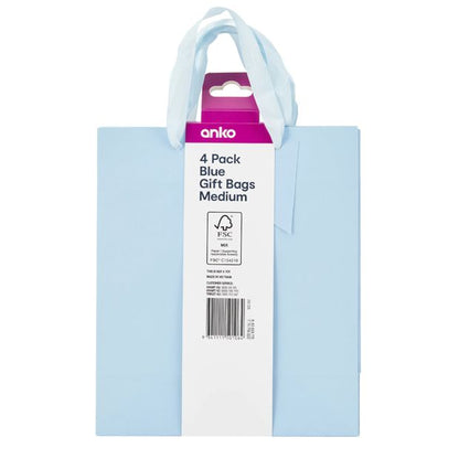4 Pack Multi Blue Gift Bags, Medium - Anko