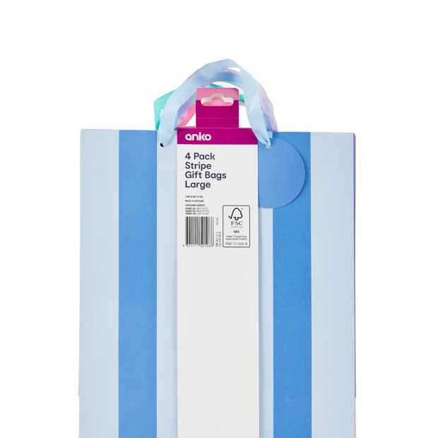 4 Pack Multi Stripe Gift Bags, Large - Anko