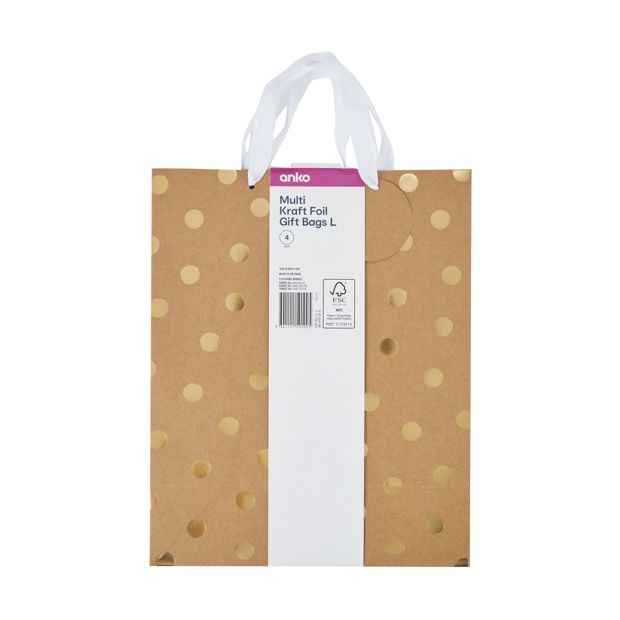 4 Pack Multi Kraft Foil Gift Bags, Large - Anko