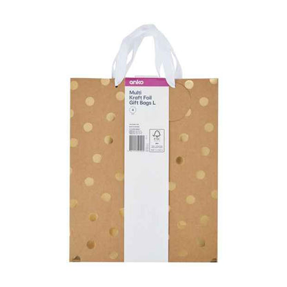 4 Pack Multi Kraft Foil Gift Bags, Large - Anko